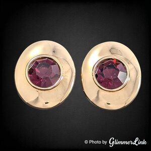 Vintage SAL Swarovski Purple Crystal Bezel Set Oval Gold Tone Clip On Earrings